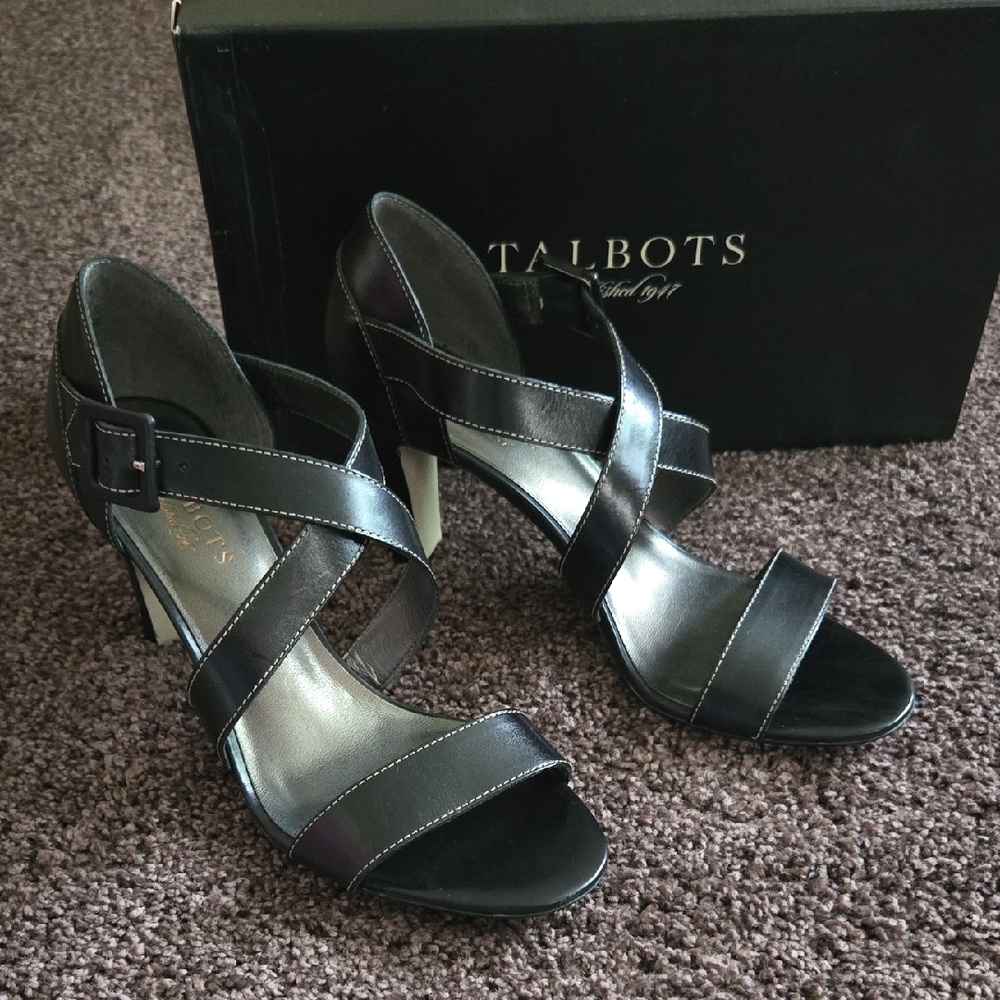 NEW Talbots Black Leather Strappy Sandal Heels 8 M
